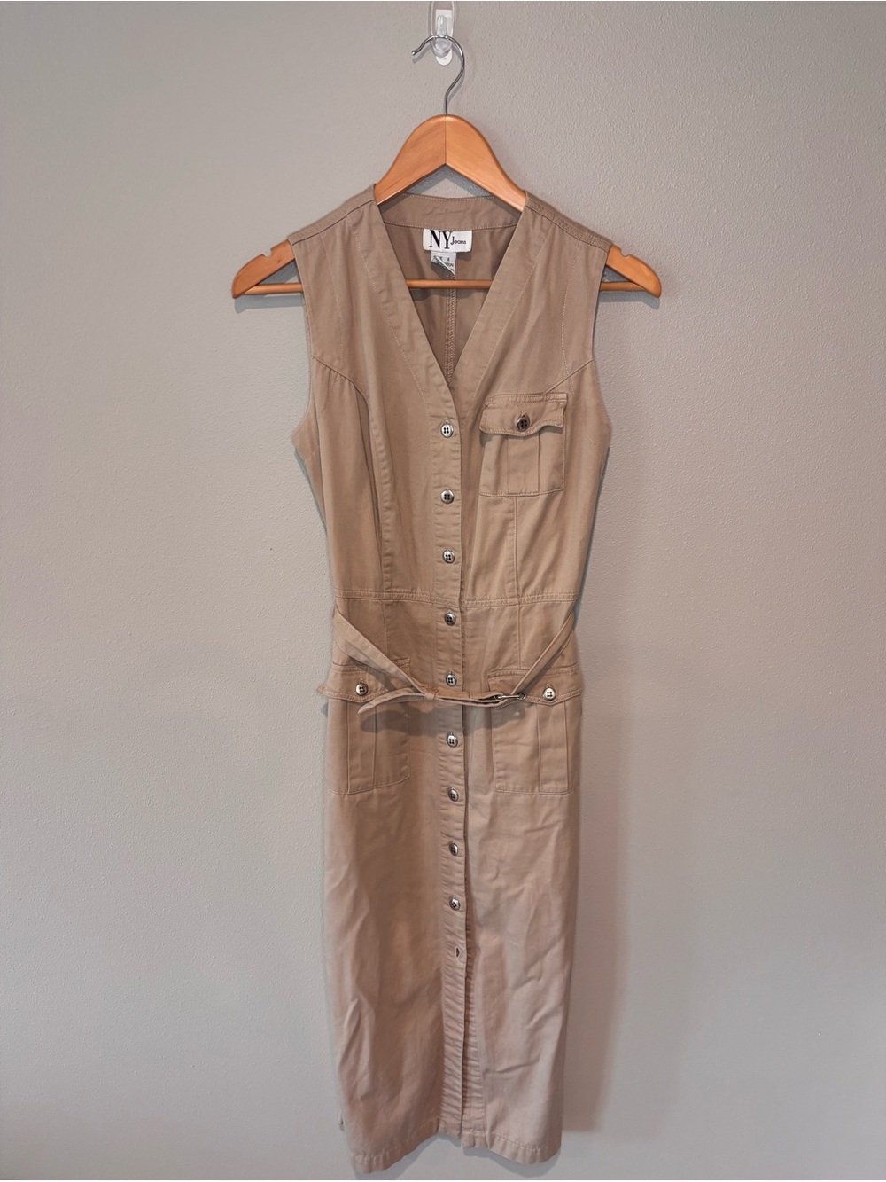 Vintage NY Collection Sleeveless Button-Front Utility Dress in Taupe 90s Y2K